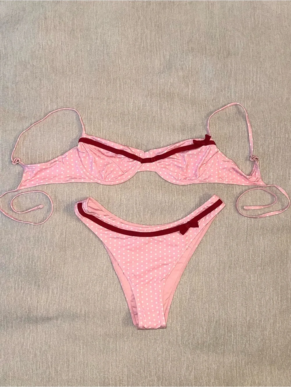New Frankie’s Bikinis Set Morning Dove Pink Red Love Sexy Bra Polka Dot Medium